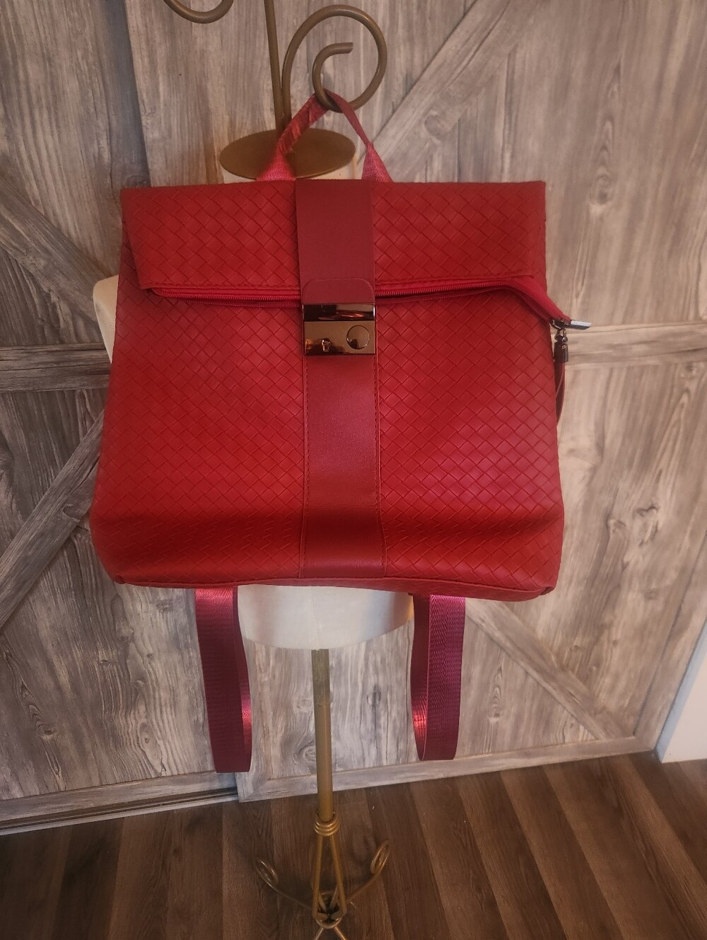 Red Faux Leather Woven Leather Backpack